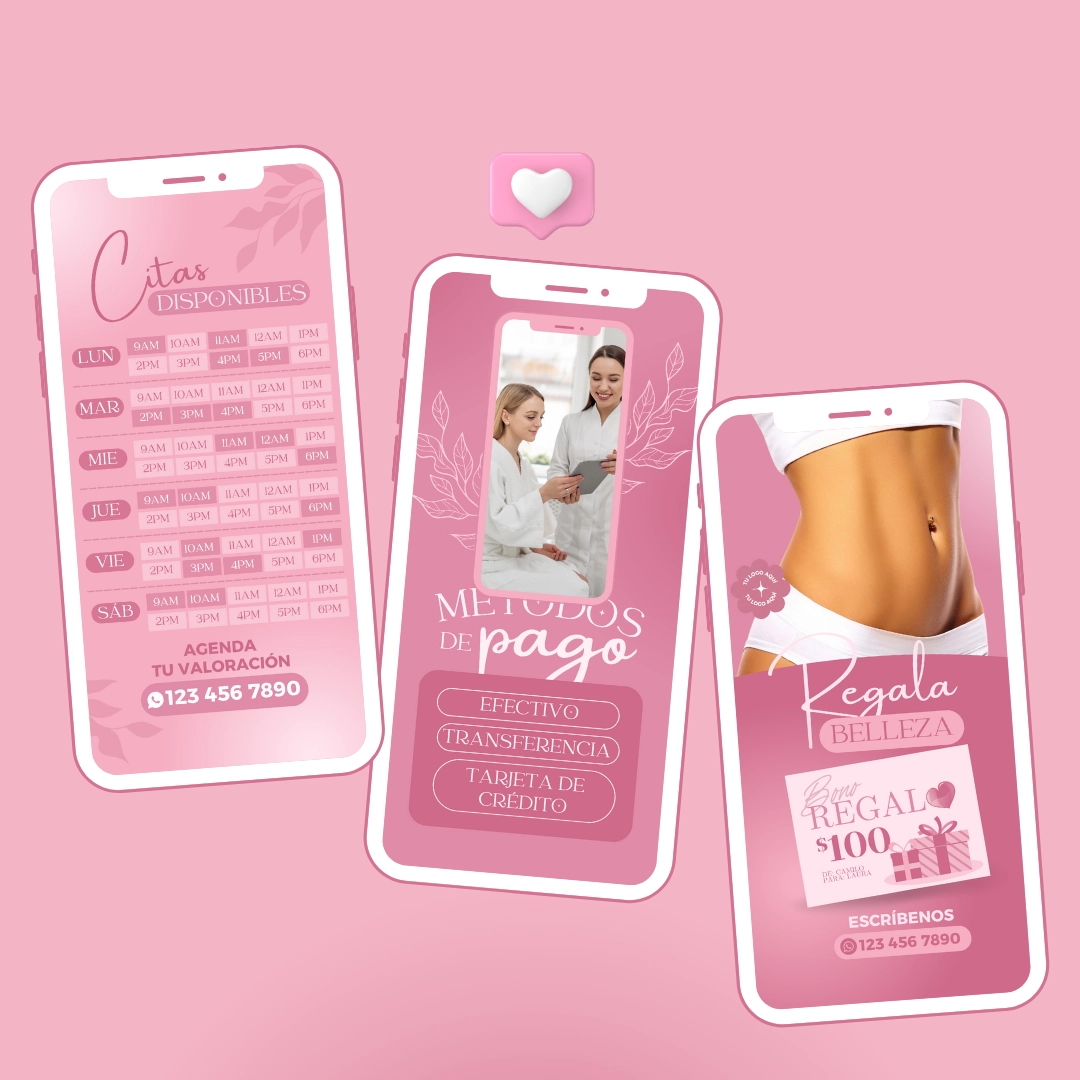 Vista previa de plantillas para profesionales del área estética en formato mobile